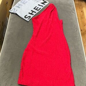 Shein red asymmetrical dress knot on left shoulder bodycon back has one strap